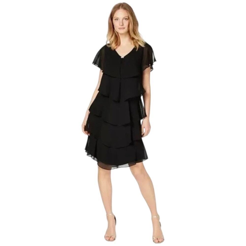 Patra Black Tiered Chiffon Ruffle‎ Cocktail Dress V Neck Short Sleeve Size 10